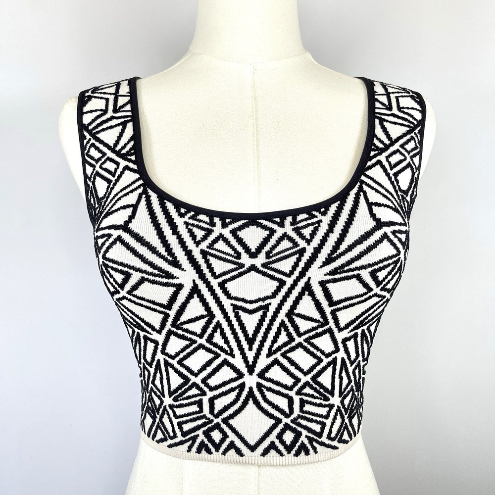 RVN Womens Jacquard 3D Textured Stretch Crop Top S B/W Concert Festival Clubwear